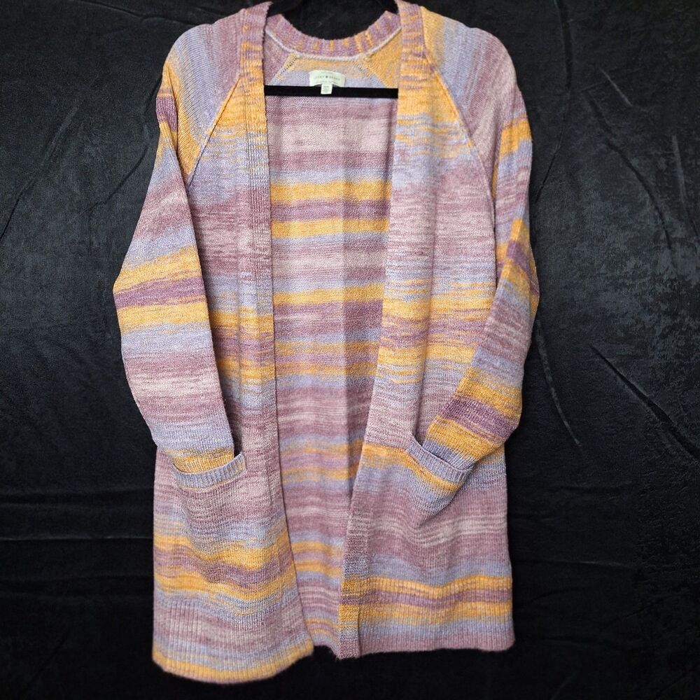 Lucky Duster Cardigan Sweater M Space Dye  Open Front Sunset Stripe Boho Coastal